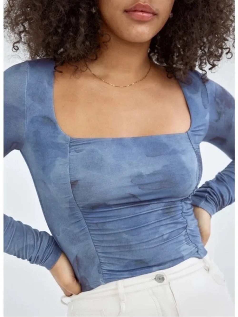 Aritzia Wilfred Lydia Top | Blue Square-Neck Ruched Long Sleeve Top